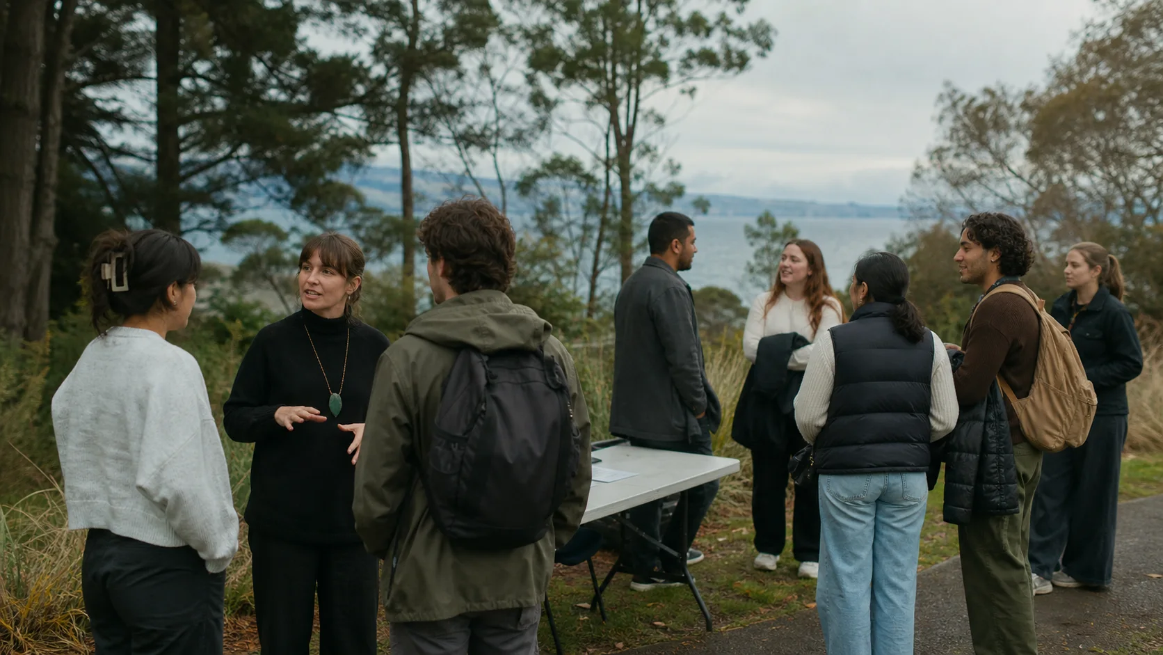 Students and staff meeting near Lake Taupō